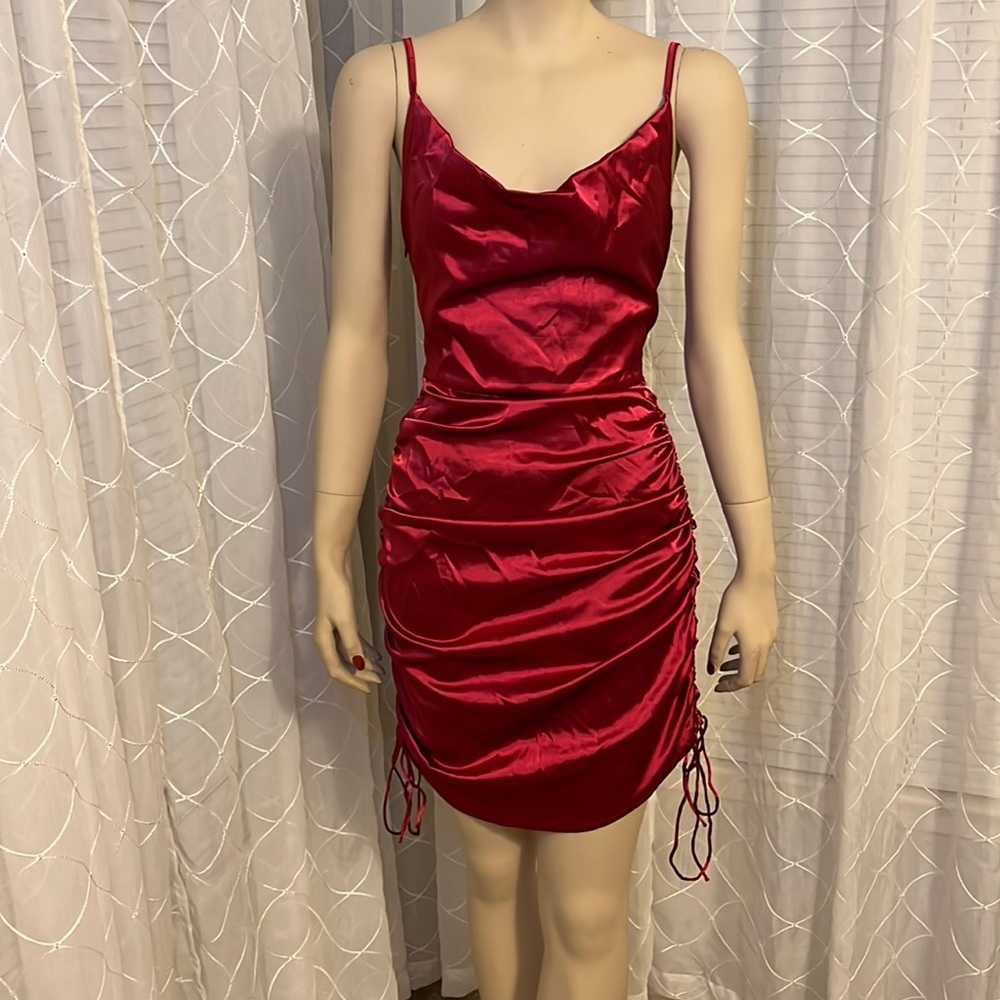 Red Satin Ruched Hem Sleeveless Dress